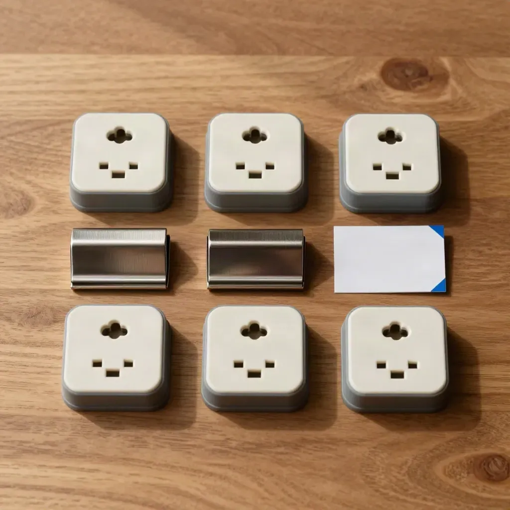 Set di blocca-prese per ufficio in flatlay con clip metalliche su card neutra.