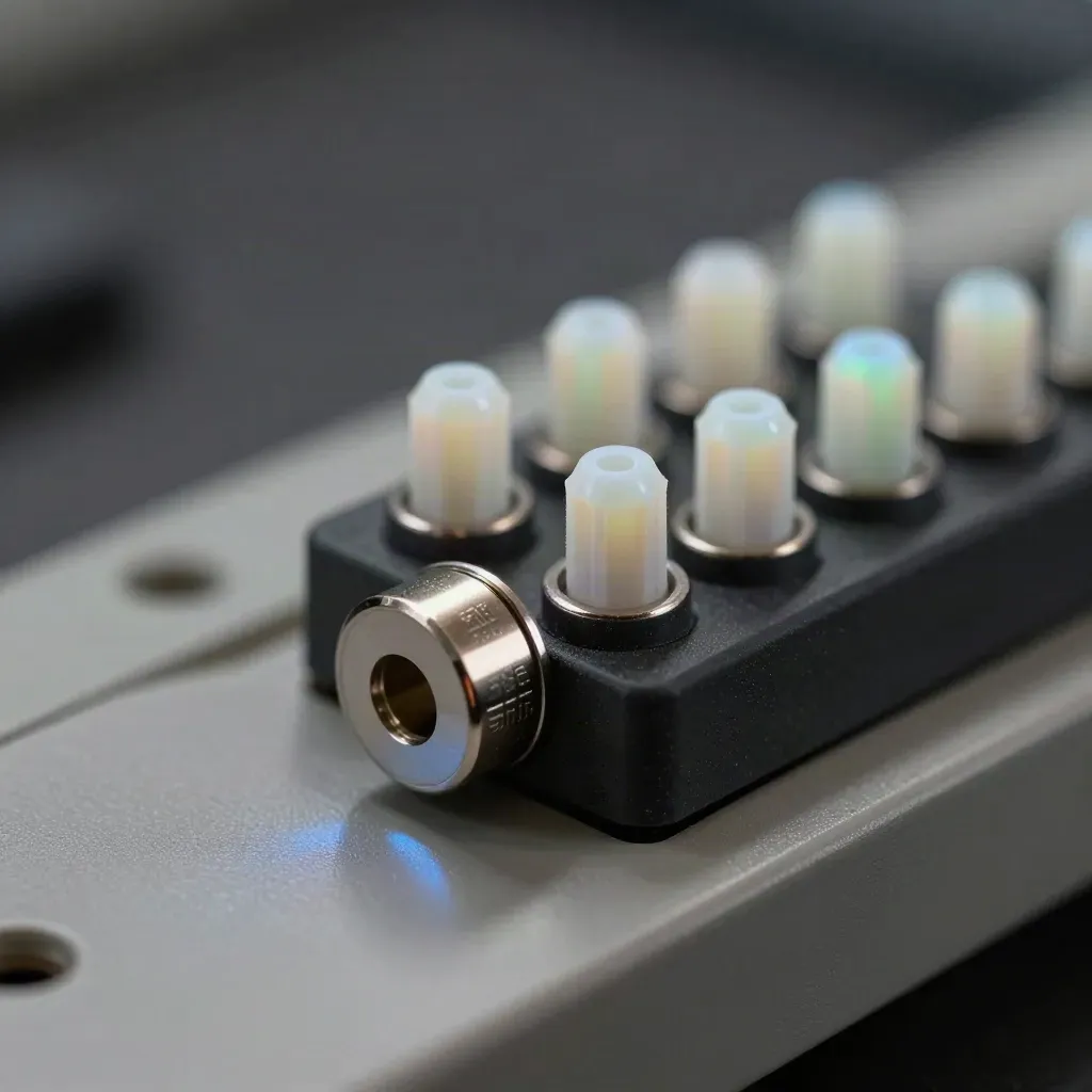 Inserti Schuko opalini incassati in gomma scura, macro laterale tecnico con luce radente