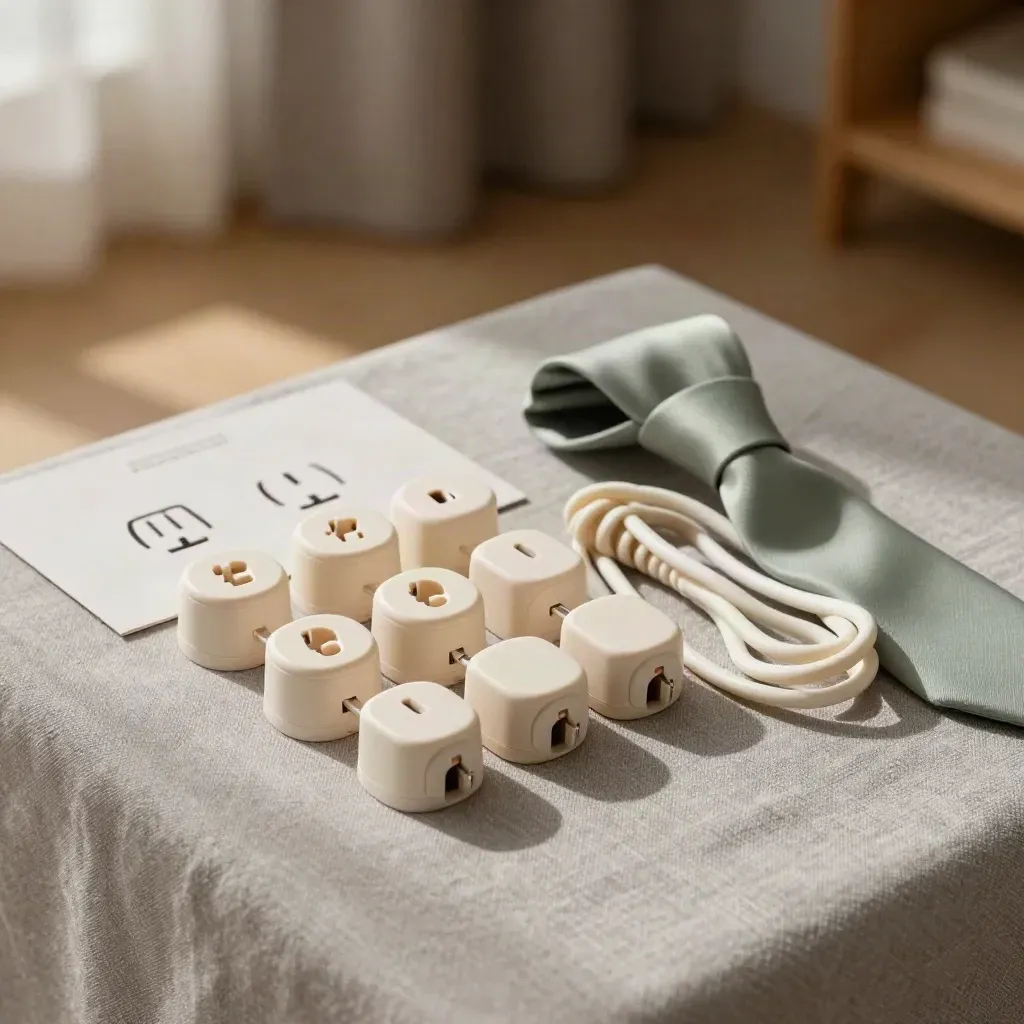 Kit protezione spina su lino grigio con cavo arrotolato e dettagli verde salvia