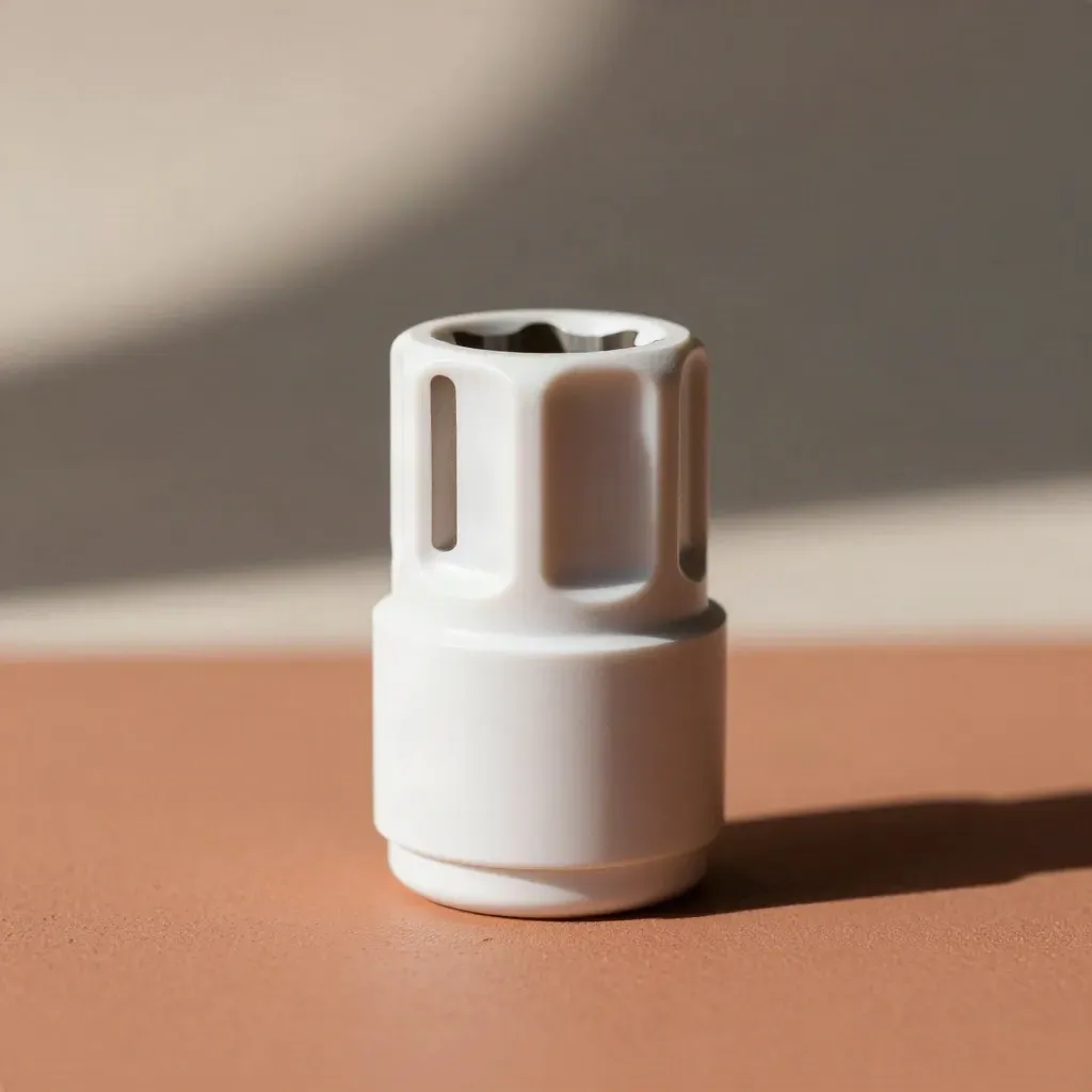 Adattatore di sicurezza bianco con inserti laterali su fondo terracotta, luce morbida e ombra lunga