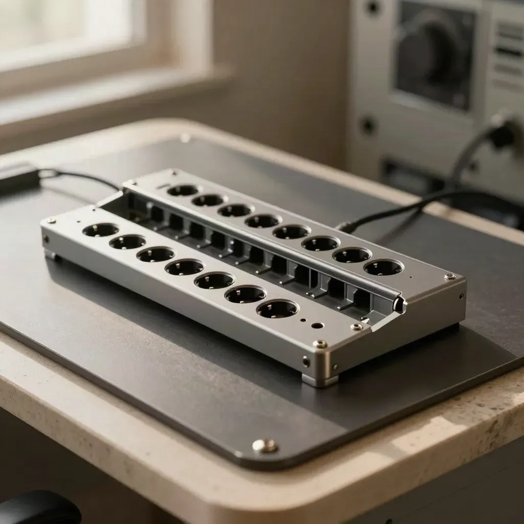 Kit ufficio con 16 prese, moduli compatti e canalina su piano metallico scuro.