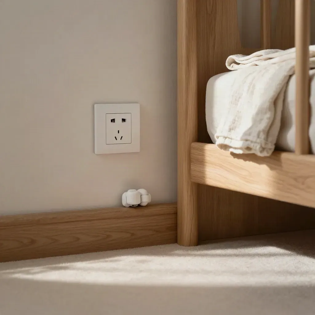 Angolo nursery con presa protetta, copriprese bianchi e tessuti crema su pavimento chiaro.